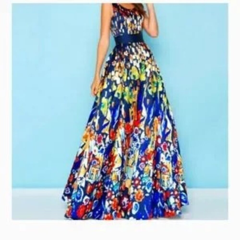 Mac Duggal Barcelona Blue Strapless Scoop Neck Style Full Ball Gown Dress.